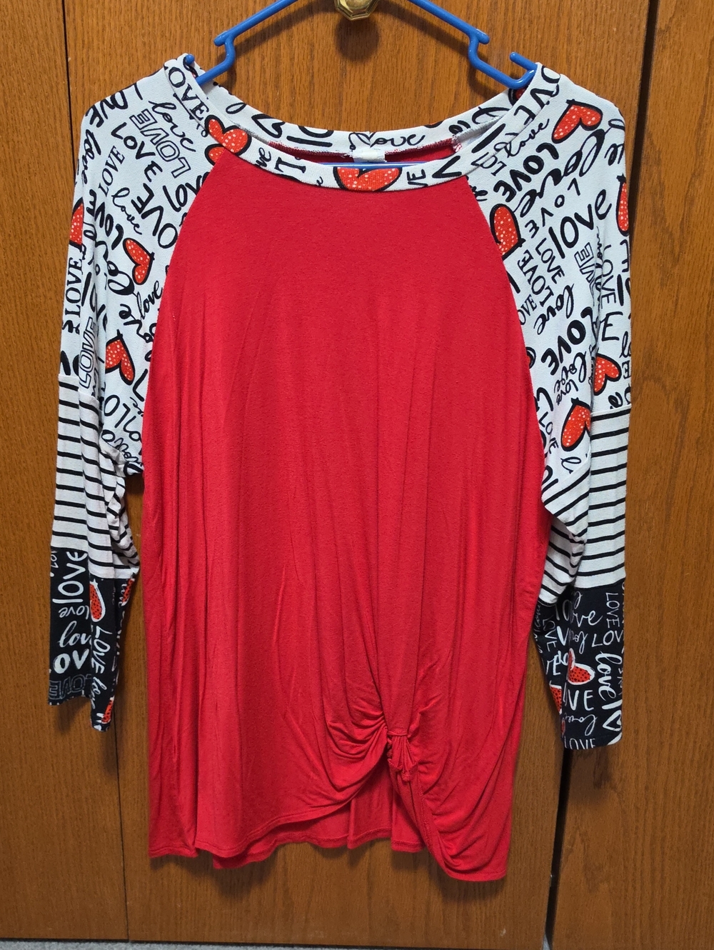 Women's Red Raglan Knot-Front Top with Heart-Print Sleeves Valentines Day